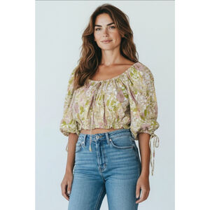 Rachel Zoe Off-Shoulder Floral Linen Blend Crop Top Medium EUC
